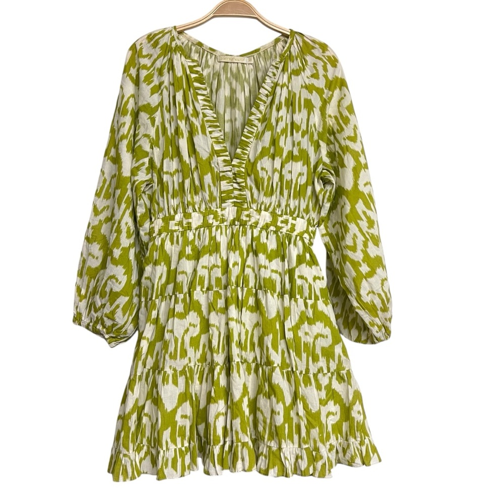 Charina Sarte Green Patterned Winds Long Sleeve V Neck Womens Mini Dress‎ Medium